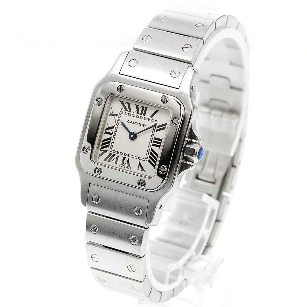 CARTIER SANTOS GALBEE BEIGE QUARTZ WATCH: CARTIER Santos Galbee beige Quartz Watch Brand: CARTIER Type/Style: Wristwatch Material: Band Material Stainless Steel, Case Material Stainless Steel Color: Case Color Silver Band Color Silver Dial Co