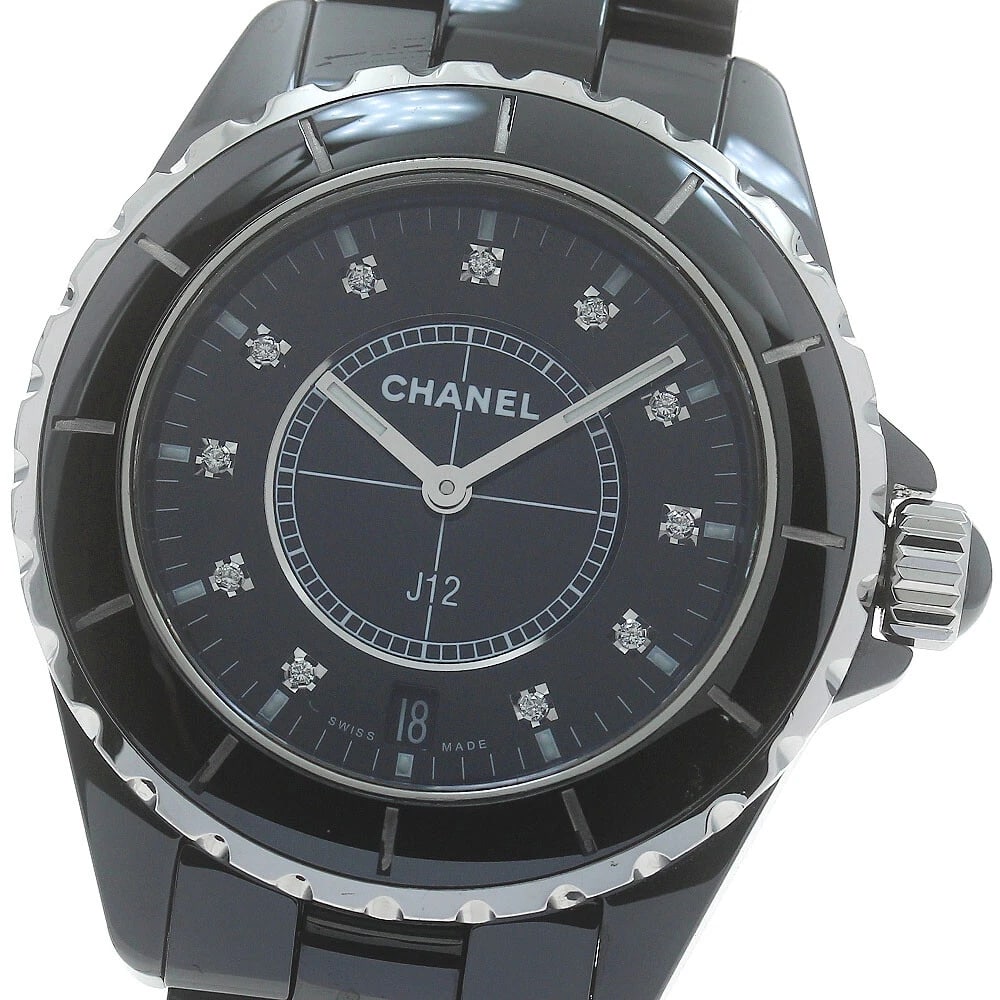 CHANEL J12 DATE BLACK CERAMIC DIAMOND QUARTZ WATCH: CHANEL J12 Date Black Ceramic Diamond Quartz Watch Brand: CHANEL Type/Style: Wristwatch Material: Band Material Ceramic / Stainless Steel, Case Material Ceramic / Stainless Steel Color: Dial Color bla