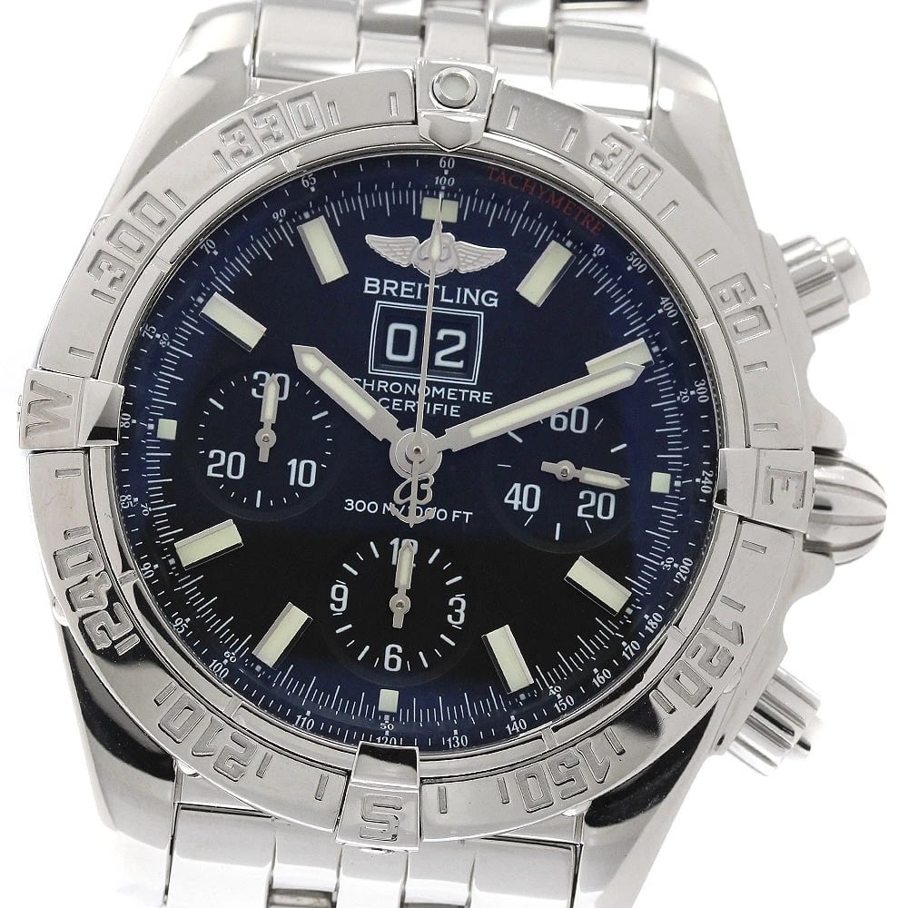 BREITLING BLACK CHRONOGRAPH DATE AUTOMATIC WATCH: BREITLING Black Chronograph Date Automatic Watch Brand: BREITLING Type/Style: Wristwatch Material: Band Material Stainless Steel, Case Material Stainless Steel Color: Dial Color black Band Color Silve