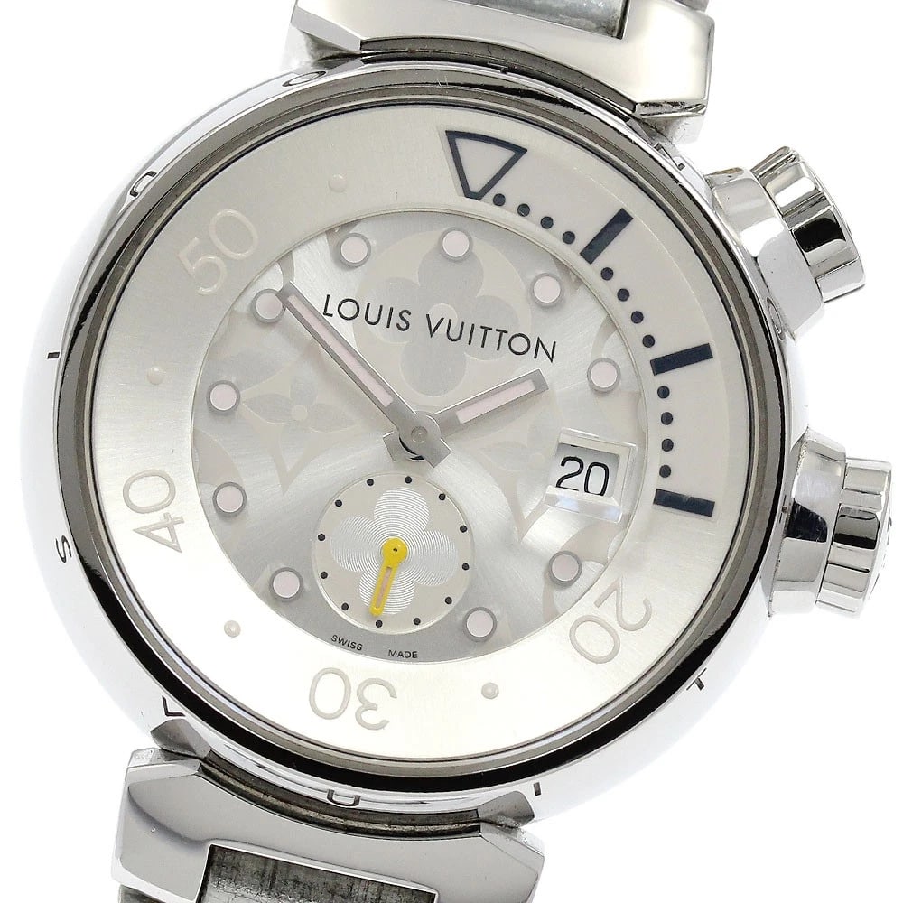 LOUIS VUITTON TAMBOUR DATE SILVER QUARTZ WATCH: LOUIS VUITTON Tambour Date Silver Quartz Watch Brand: LOUIS VUITTON Type/Style: Wristwatch Material: leather, Stainless Steel Color: Dial Color Silver Band Color Silver Case Color Silver Size: Case