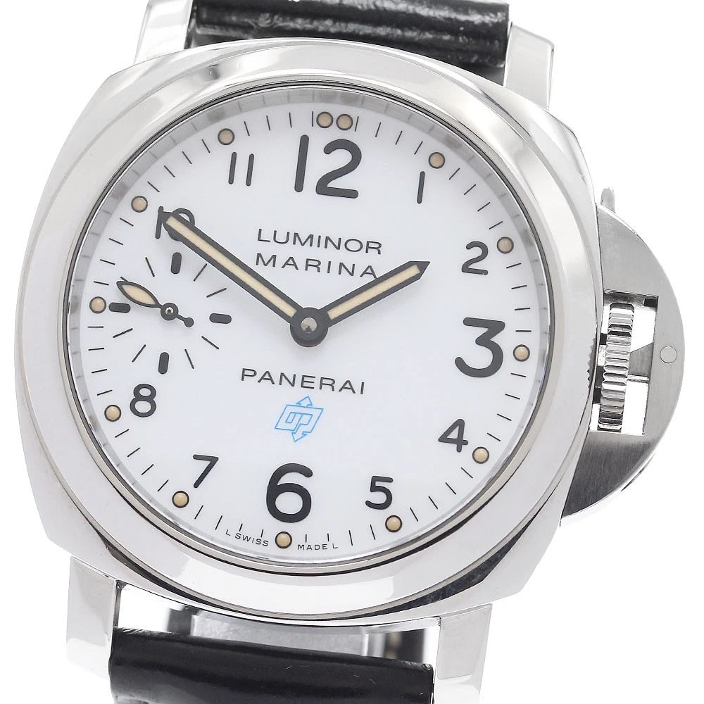 PANERAI LUMINOR MARINA STAINLESS STEEL WATCH: PANERAI Luminor Marina Stainless Steel Watch Brand: PANERAI Type/Style: Wristwatch Material: Band Material leather, Case Material Stainless Steel Color: Case Color Silver Band Color black Dial Color