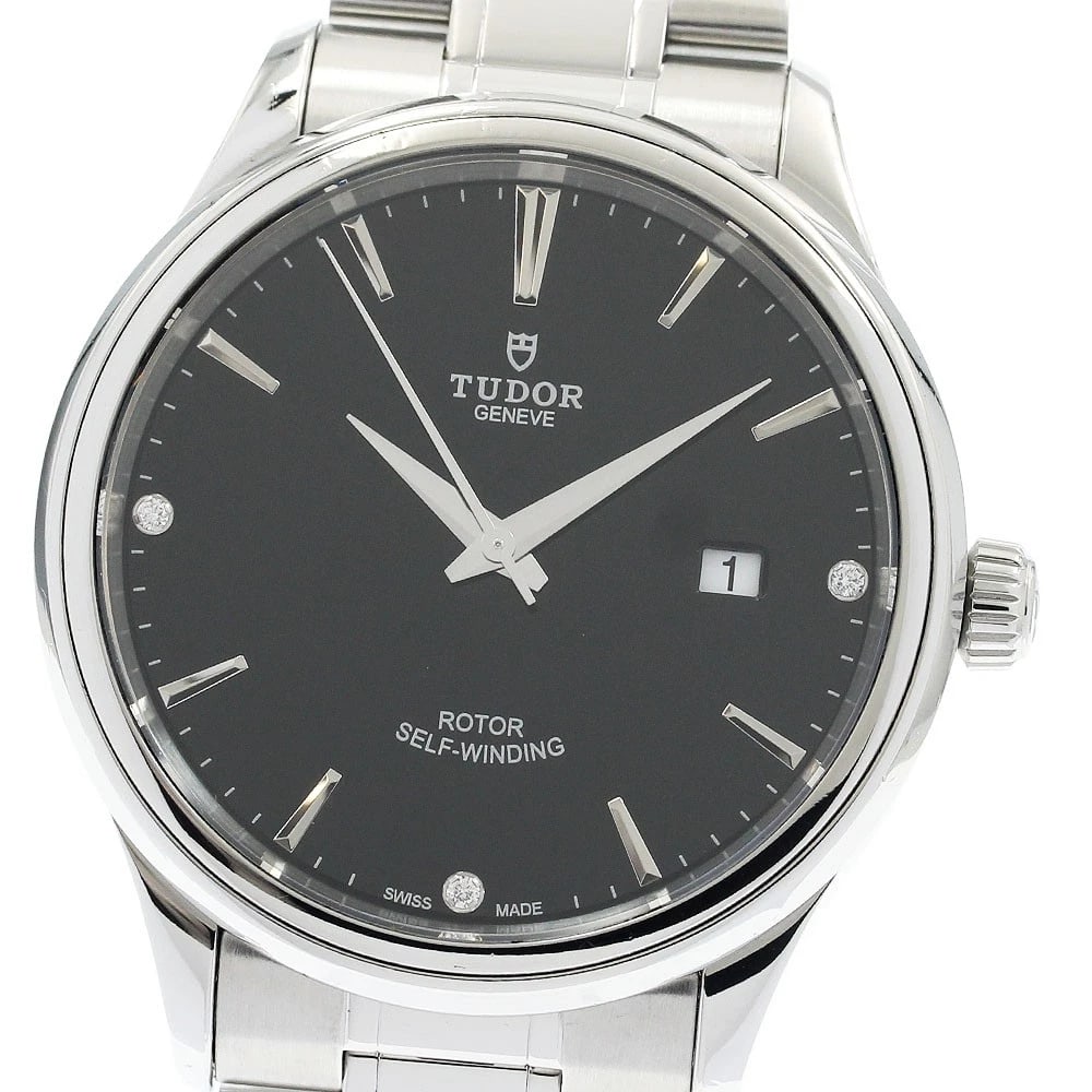 TUDOR STYLE DATE DIAMOND BLACK AUTOMATIC WATCH: TUDOR style Date diamond black Automatic Watch Brand: TUDOR Type/Style: Wristwatch Material: Band Material Stainless Steel, Case Material Stainless Steel Color: Dial Color black Band Color Silver Case