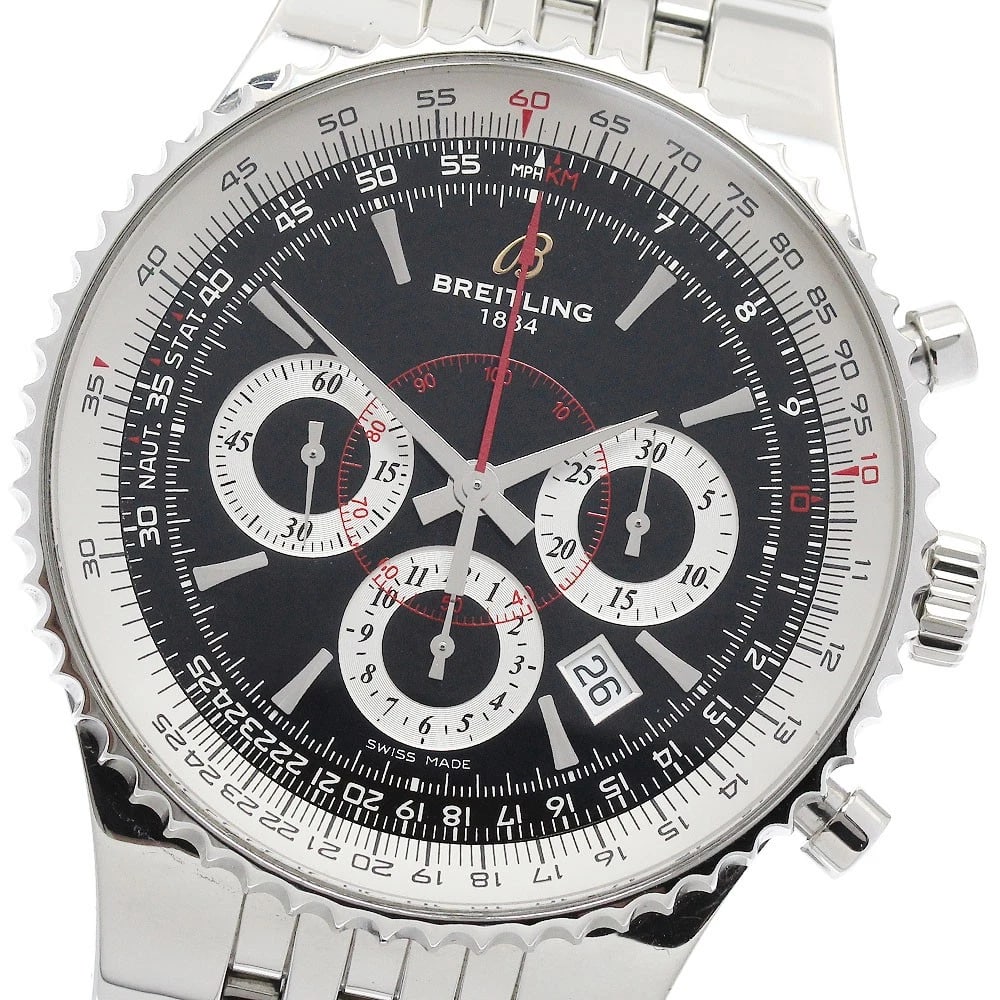 BREITLING NAVITIMER CHRONOGRAPH AUTOMATIC WATCH: BREITLING Navitimer Chronograph Automatic Watch Brand: BREITLING Type/Style: Wristwatch Material: Band Material Stainless Steel, Case Material Stainless Steel Color: Dial Color black Band Color Silver