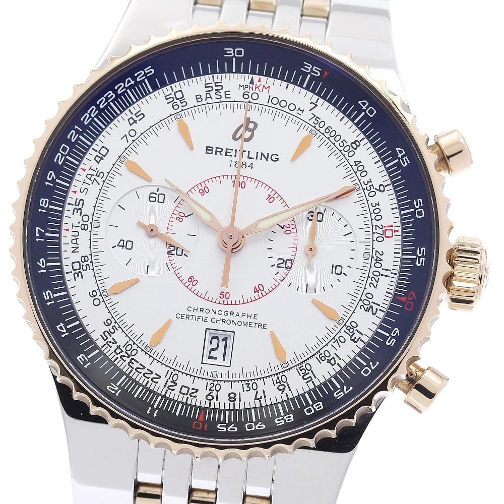 BREITLING NAVITIMER K18PG CHRONOGRAPH WATCH: BREITLING Navitimer K18PG chronograph Watch Brand: BREITLING Type/Style: Wristwatch Material: Band Material K18PG/Stainless Steel, Case Material K18PG/Stainless Steel Color: Dial Color white Band Colo