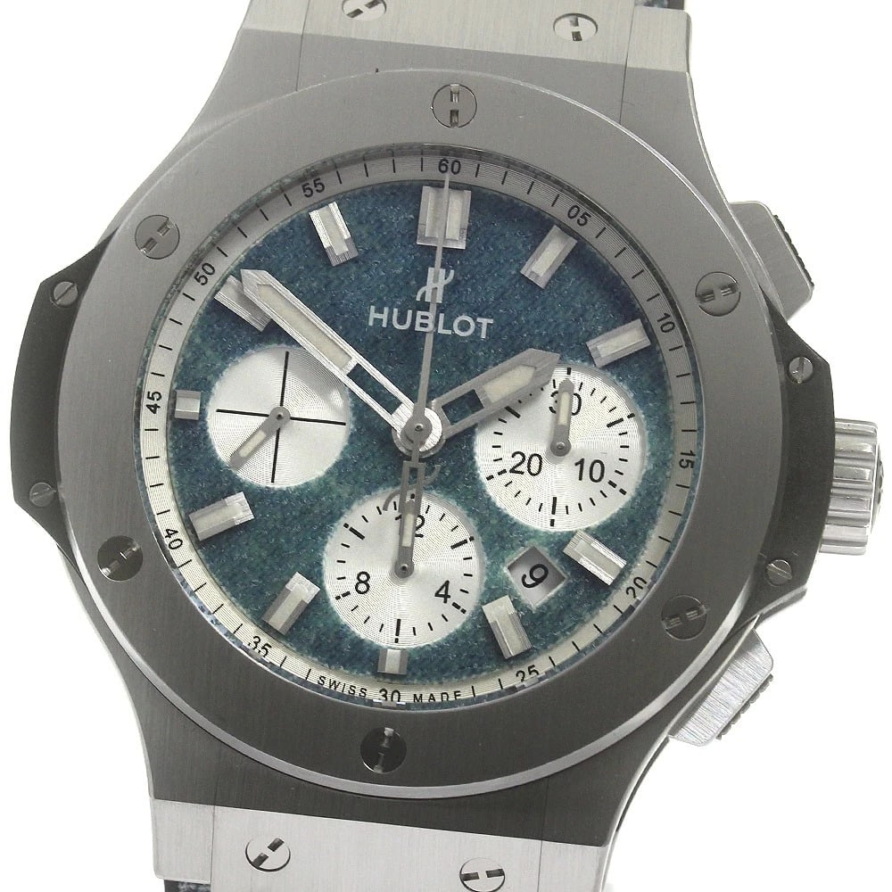 HUBLOT BANG AUTOMATIC WATCH: HUBLOT Bang Automatic Watch Brand: HUBLOT Type/Style: Wristwatch Material: Band Material Denim/Rubber, Case Material Stainless Steel Color: Case Color Silver / Black Band Color Jeans Blue/Black Dial