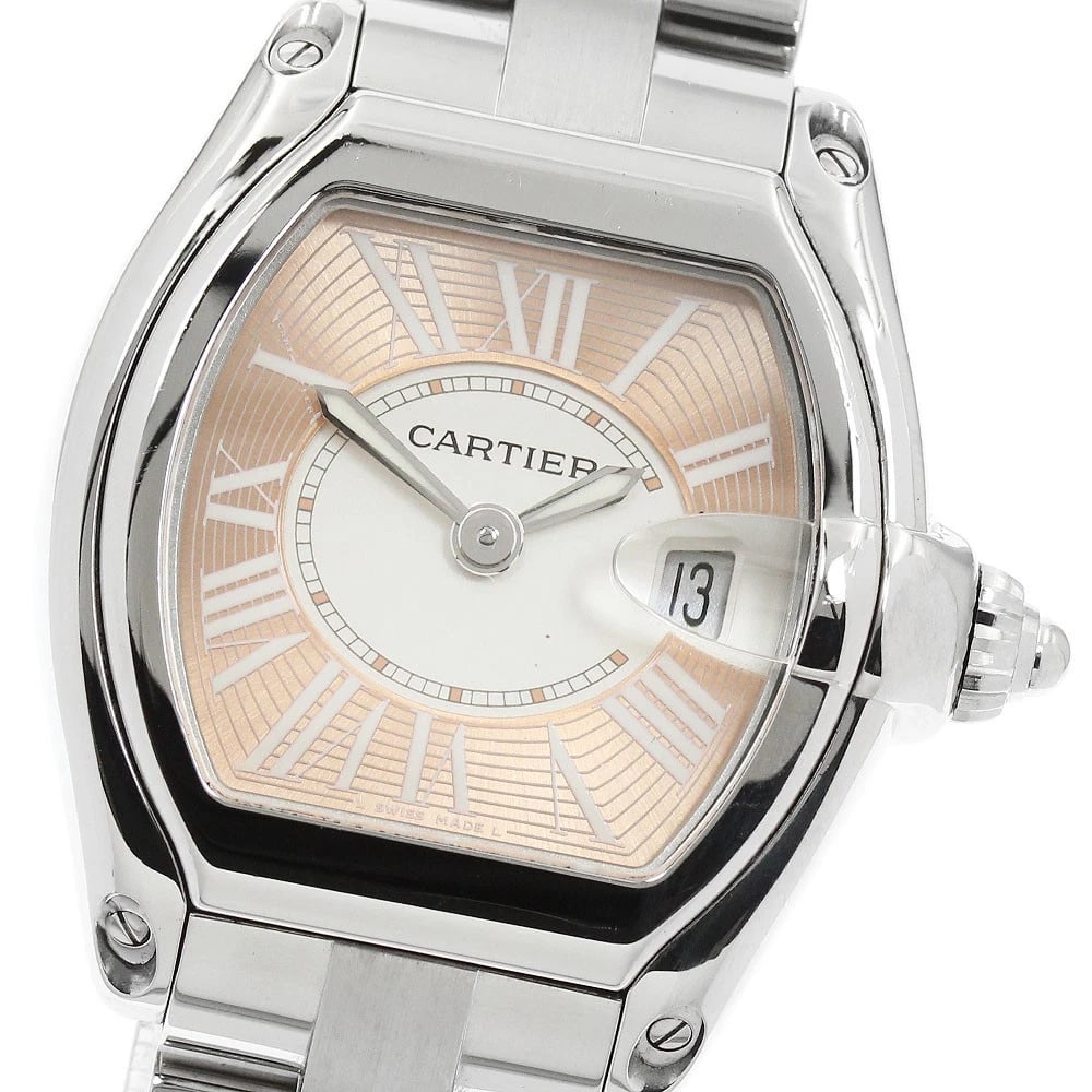 CARTIER ROADSTER DATE QUARTZ WATCH: CARTIER Roadster Date Quartz Watch Brand: CARTIER Type/Style: Wristwatch Material: Band Material Stainless Steel, Case Material Stainless Steel Color: Dial Color Pink / Silver Band Color Silver Case
