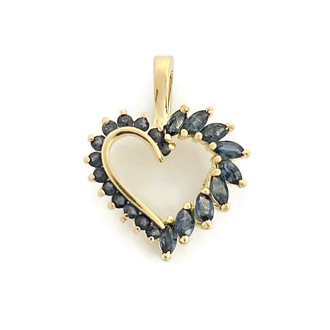 MARQUISE SAPPHIRE OPEN HEART NECKLACE PENDANT CHARM: Marquise Sapphire Open Heart Necklace Pendant Charm Brand: Estate Type/Style: Pendant Material: 14K Yellow Gold, Main Stone Natural Color: Blue Size: Measurements: 22.5 mm (with bale) x 17.5 mm