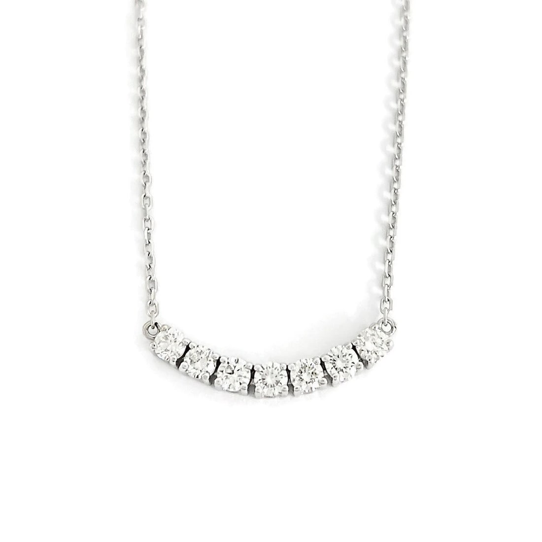 CURVED DIAMOND FLEXIBLE SMILE BAR PENDANT NECKLACE: Curved Diamond Flexible Smile Bar Pendant Necklace Brand: Unbranded Type/Style: Necklace Material: 14K White Gold, Main Stone Natural Color: Silver Size: Length: 16 inches Pendant: 2.8 mm
