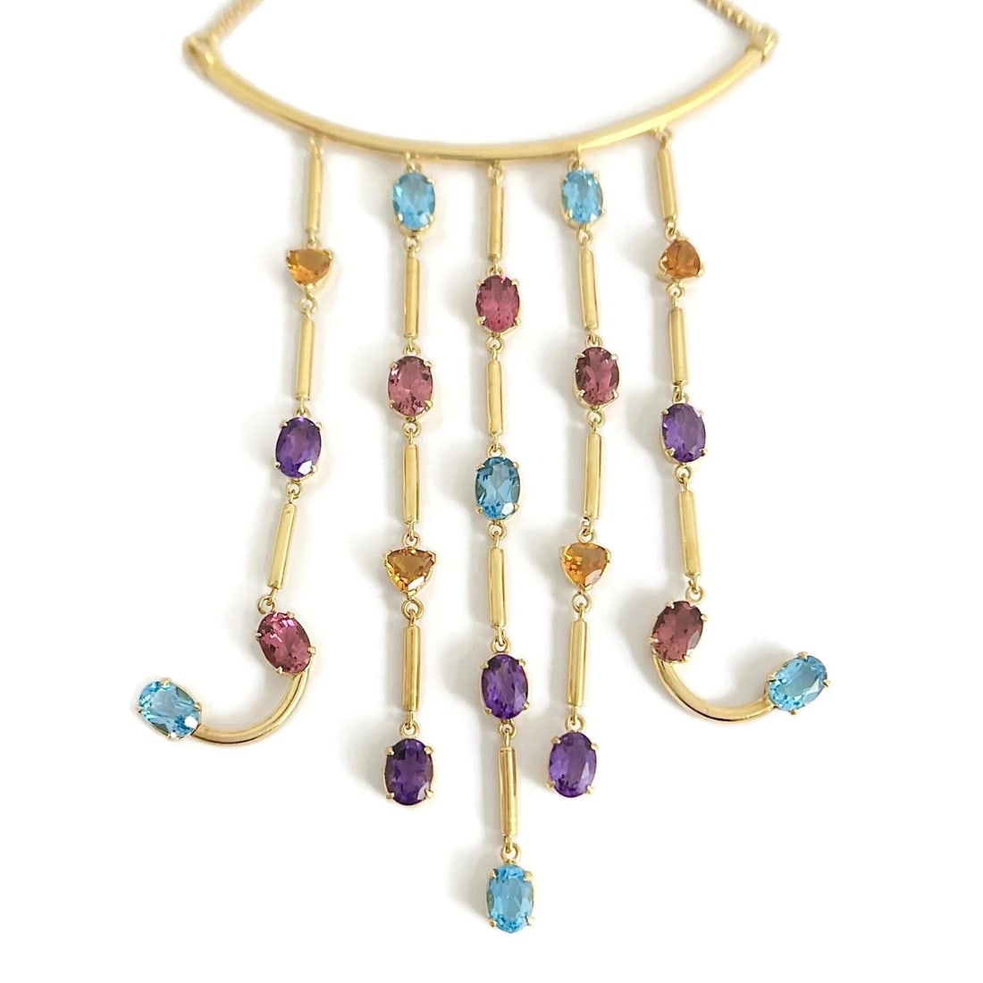 MULTICOLORED GEMSTONE DANGLE FRINGE CHAIN NECKLACE: Multicolored Gemstone Dangle Fringe Chain Necklace Brand: Unbranded Type/Style: Necklace Material: 18K Yellow Gold, Main Stone Natural Color: Multi Size: Length: adjustable, 18 inches - 19 inches Pend