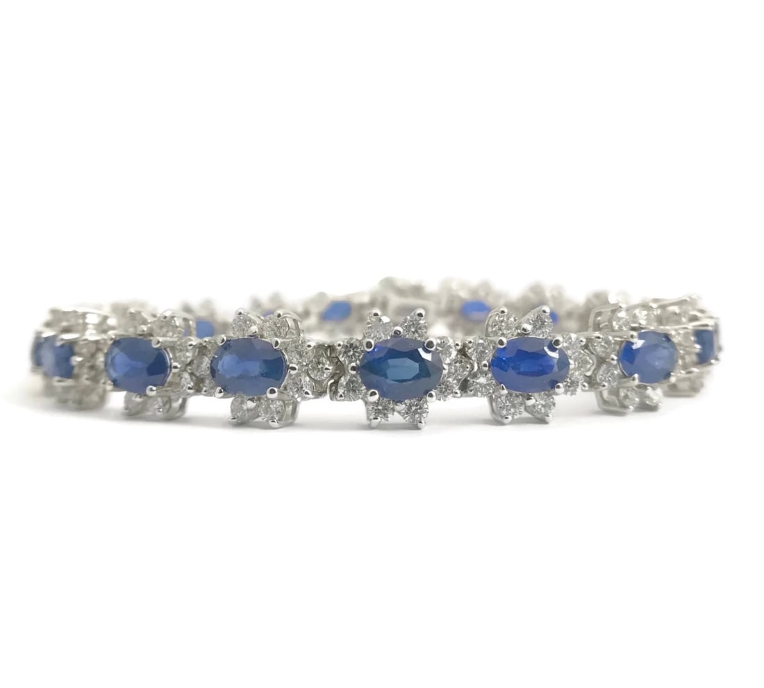 BLUE SAPPHIRE DIAMOND HALO GEMSTONE BRACELET 18K WHITE GOLD (1 of 2)