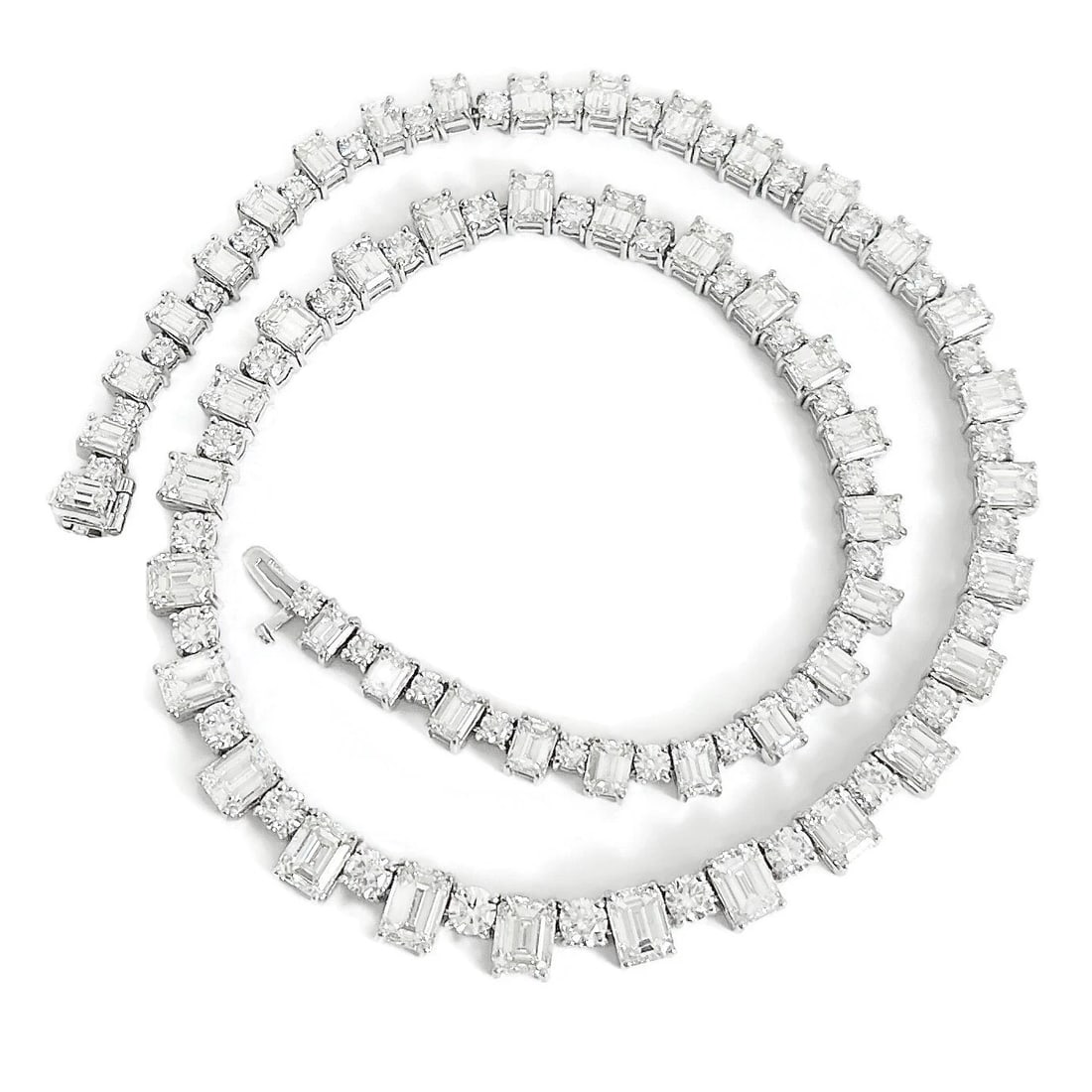 EMERALD CUT ROUND DIAMOND TENNIS STATEMENT NECKLACE: Emerald Cut Round Diamond Tennis Statement Necklace Brand: Unbranded Type/Style: Necklace Material: Pt900, Main Stone Natural Color: Silver Size: Length: 16.5 inches Width: 8.1 mm in the middle - 5.5