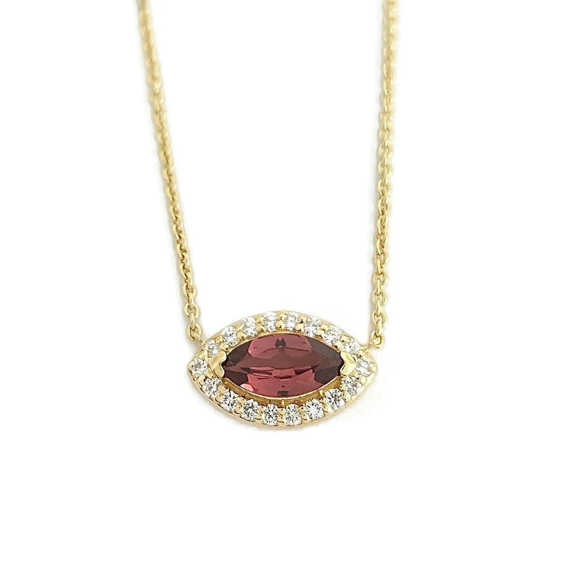 MARQUISE GARNET DIAMOND HALO PENDANT NECKLACE: Marquise Garnet Diamond Halo Pendant Necklace Brand: Unbranded Type/Style: Necklace Material: 14K Yellow Gold, Main Stone Natural Color: Red Size: Length: 18.5 inches Pendant: 9.4 mm x 15.3 mm