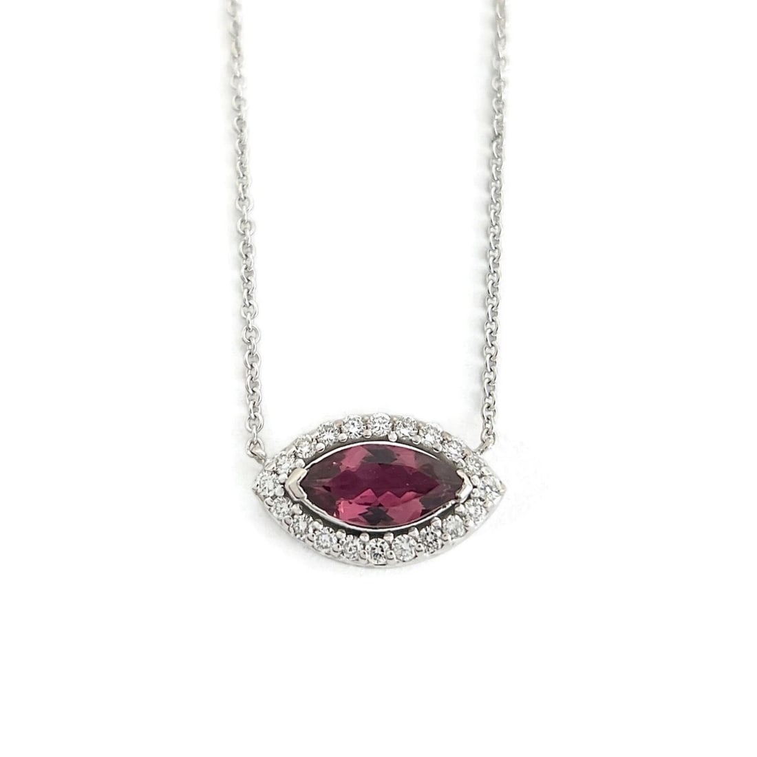 MARQUISE PINK TOURMALINE DIAMOND HALO PENDANT NECKLACE: Marquise Pink Tourmaline Diamond Halo Pendant Necklace Brand: Unbranded Type/Style: Necklace Material: 14K White Gold, Main Stone Natural Color: Pink Size: Length: 16.5 inches Pendant: 9.8 mm x 16.3 m
