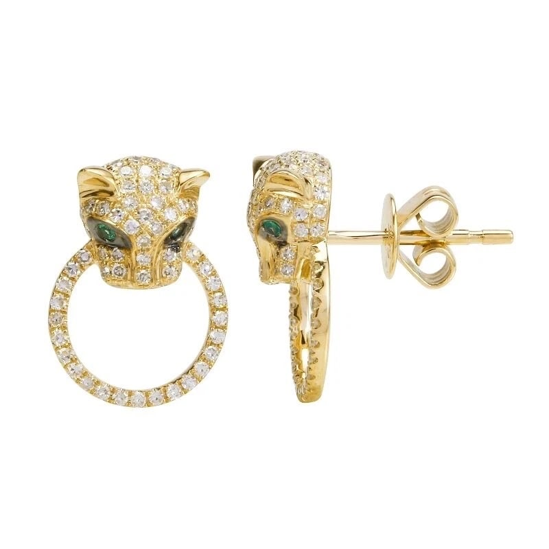 PAVE DIAMOND EMERALD PANTHER DROP STUD EARRINGS (1 of 2)