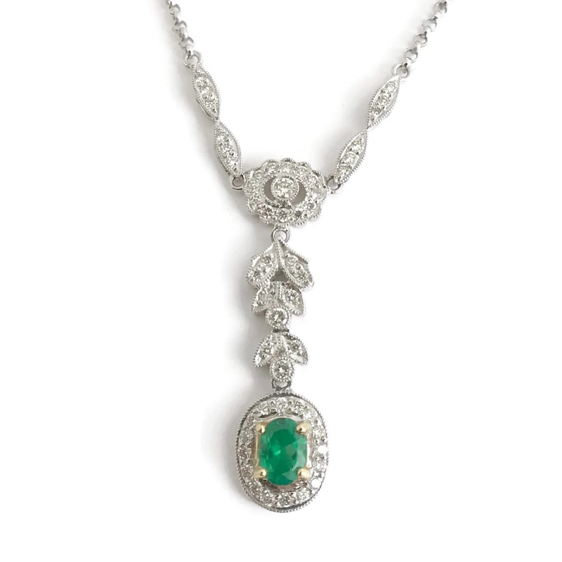 GREEN EMERALD DIAMOND HALO DROP PENDANT LARIAT Y NECKLACE: Green Emerald Diamond Halo Drop Pendant Lariat Y Necklace Brand: Unbranded Type/Style: Necklace Material: 18K White Gold, Main Stone Natural Color: Green Size: Length: 16 inches Pendant: 1.2 inch