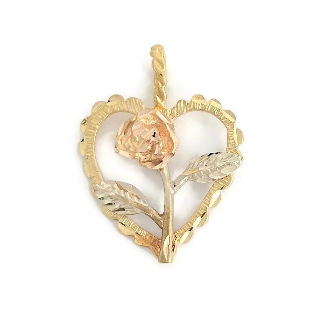 ROSE FLOWER HEART CHARM NECKLACE PENDANT: Rose Flower Heart Charm Necklace Pendant Brand: Estate Type/Style: Pendant Material: 14K Yellow Gold, Color: Gold Size: Measurements: 1.2 inches (with bale) x 23.3 mm Accessories: None Accessories