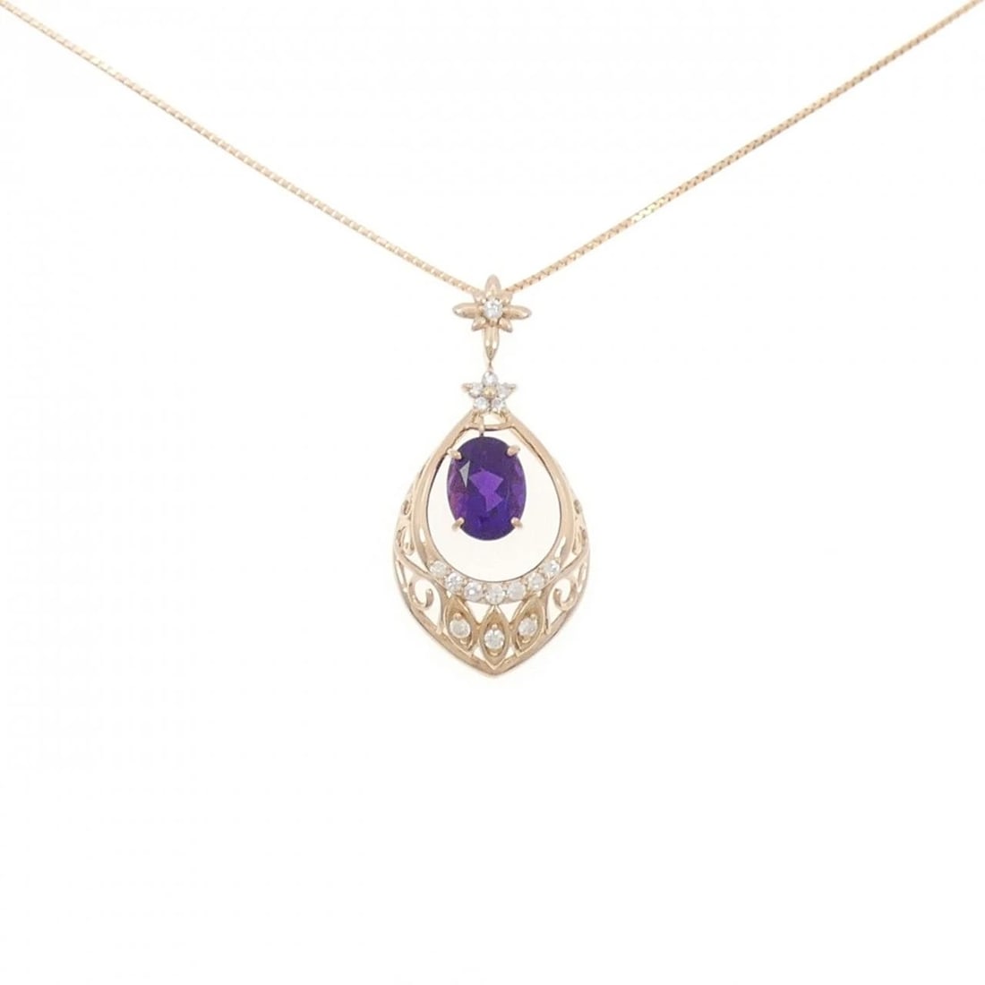 K18PG AMETHYST NECKLACE: K18PG Amethyst Necklace Brand: Unbranded Type/Style: Amethyst Necklace Material: 18k Pink Gold, Main Stone Amethyst Secondary Stone Diamond Color: Pink Gold Size: Actual Size Pendant length approx. x