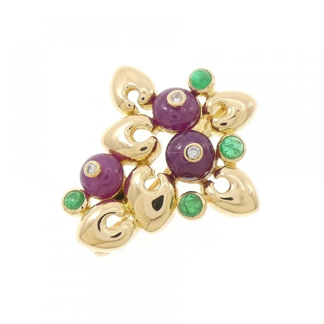 K18YG COLOR STONE BROOCH: K18YG Color Stone Brooch Brand: Unbranded Type/Style: Ruby Pendant/Brooch Material: K18YG, Main Stone RubySecondary StoneDiamond/Emerald Color: Yellow Gold Size: Actual Size Approximate dimensions