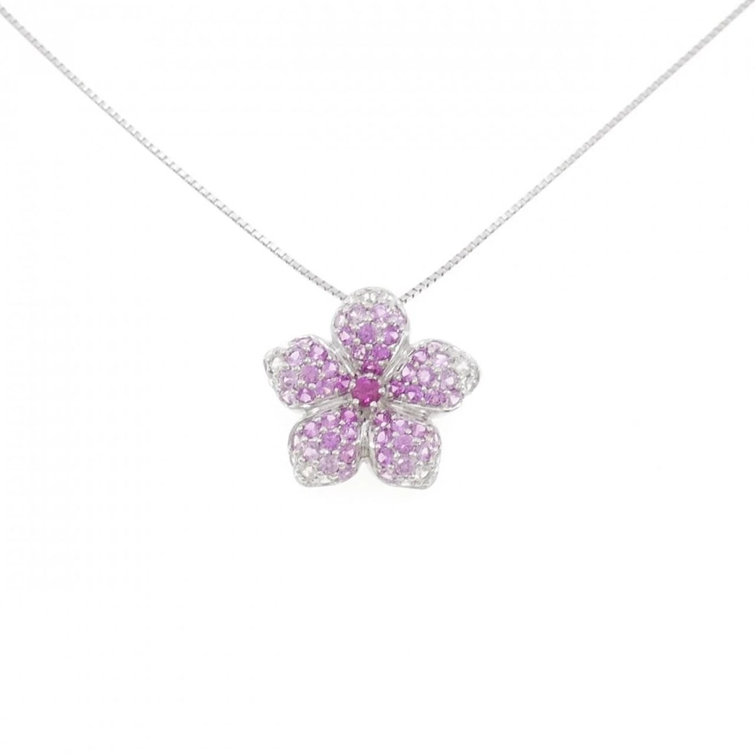 K18WG FLOWER RUBY NECKLACE: K18WG Flower Ruby Necklace Brand: Unbranded Type/Style: Ruby Necklace Material: K18WG, Main Stone Ruby Secondary Stone Sapphire Color: White gold Size: 45cm Actual Size Pendant length approx. x width