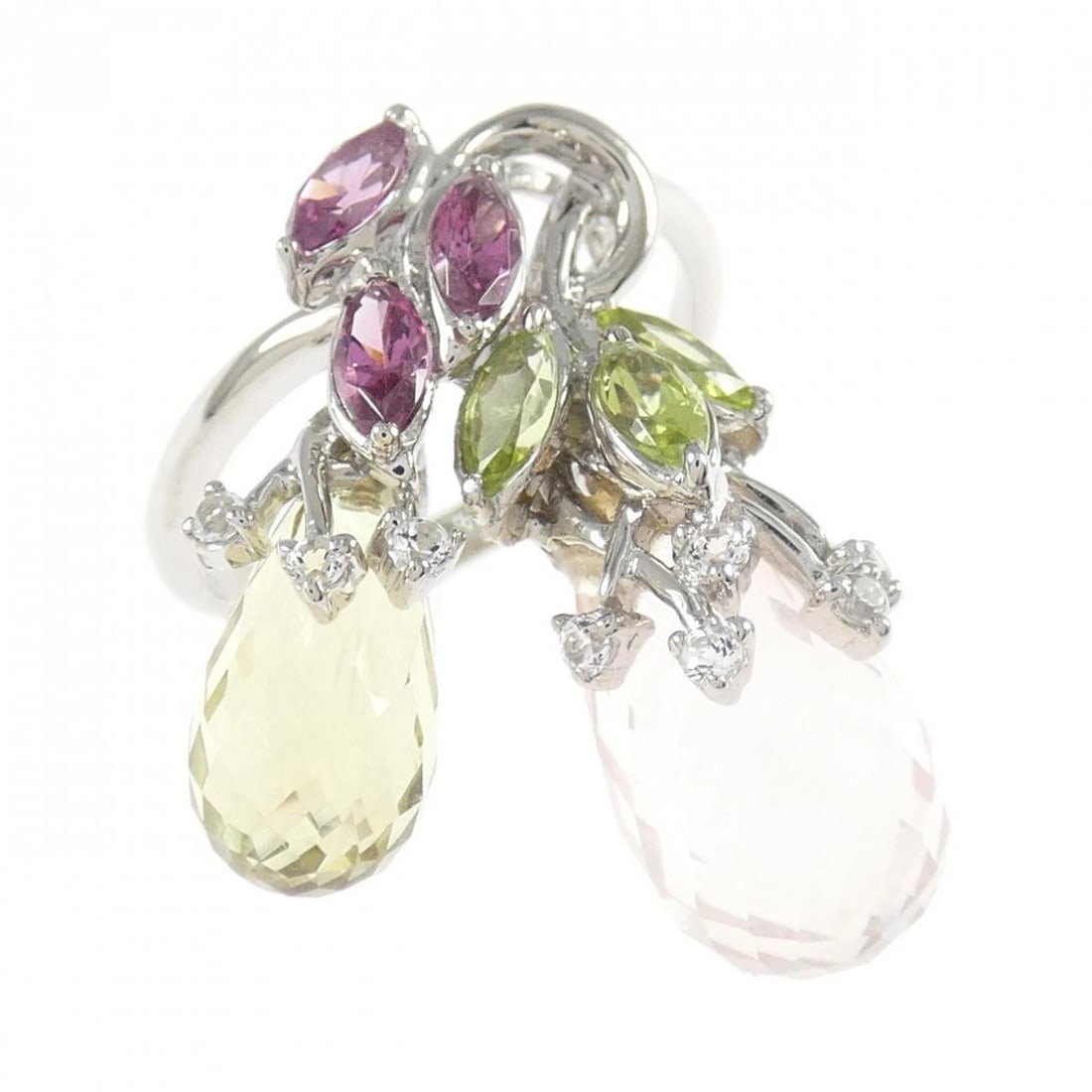 750WG COLOR STONE RING: 750WG Color Stone Ring Brand: Unbranded Type/Style: Quartz Ring Material: 750 white gold, Main Stone QuartzSecondary Stone Peridot/Garnet/Topaz Color: White Gold Size: US 6 1/2 Accessories: None