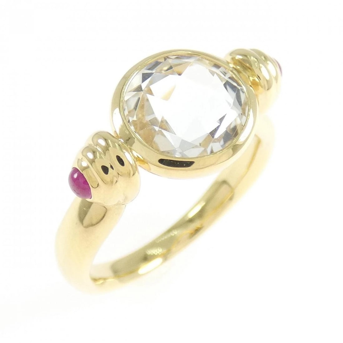 K18YG WHITE TOPAZ RING: K18YG White Topaz Ring Brand: Unbranded Type/Style: White Topaz Ring Material: K18 yellow gold, Main Stone White TopazSecondary Stone Ruby Color: Yellow Gold Size: US 5 1/4 Accessories: None