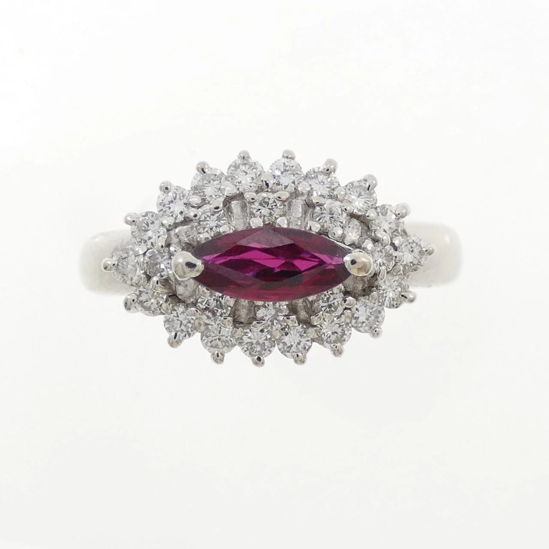 PT900 RUBY RING: PT900 Ruby Ring Brand: Unbranded Type/Style: Ruby Ring Material: PT900, Main Stone Ruby Secondary stone Diamond Color: Silver Size: US 6 1/4 Accessories: None Accessories Notice: When purc