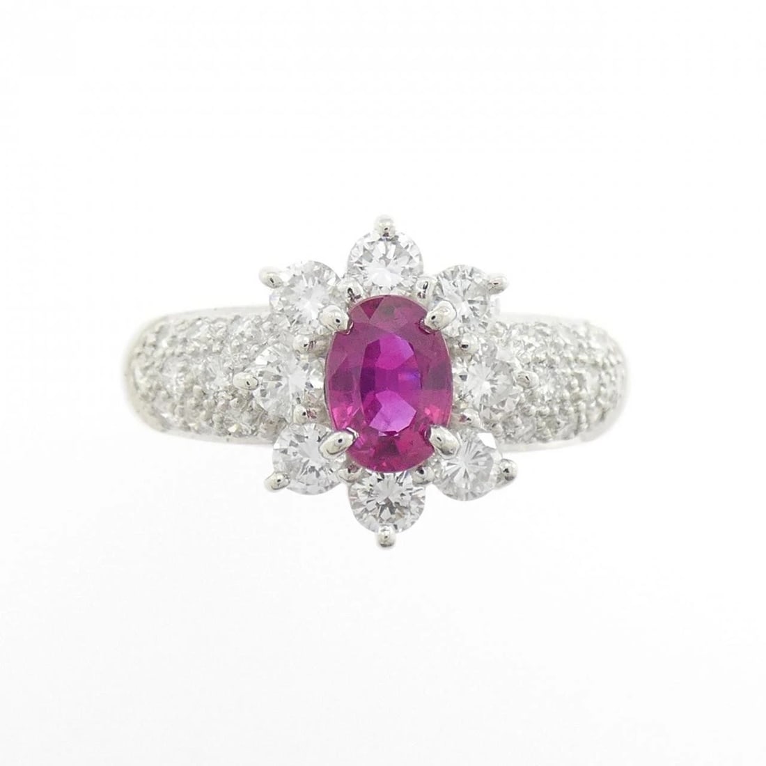 PT900 RUBY RING: PT900 Ruby Ring Brand: Unbranded Type/Style: Ruby Ring Material: PT900, Main Stone Ruby Secondary Stone Diamond Color: Silver Size: US 4 1/2 Accessories: None Accessories Notice: When purc