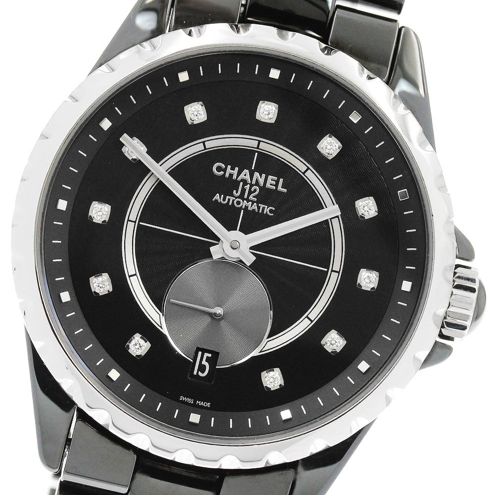CHANEL J12 DIAMOND BLACK AUTOMATIC WATCH: CHANEL J12 diamond black Automatic Watch Brand: CHANEL Type/Style: Wristwatch Material: Band Material ceramic, Case Material Ceramic / Stainless Steel Color: Case Color Black / Silver Band Color