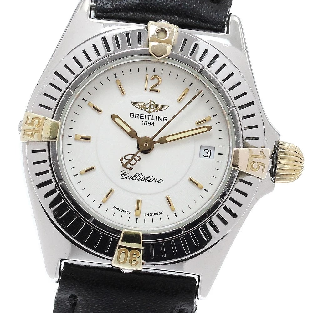 BREITLING CALISTINO DATE WHITE QUARTZ WATCH: BREITLING Calistino Date white Quartz Watch Brand: BREITLING Type/Style: Wristwatch Material: Band Material leather, Case Material Stainless Steel/YG Color: Dial Color white Band Color black Case
