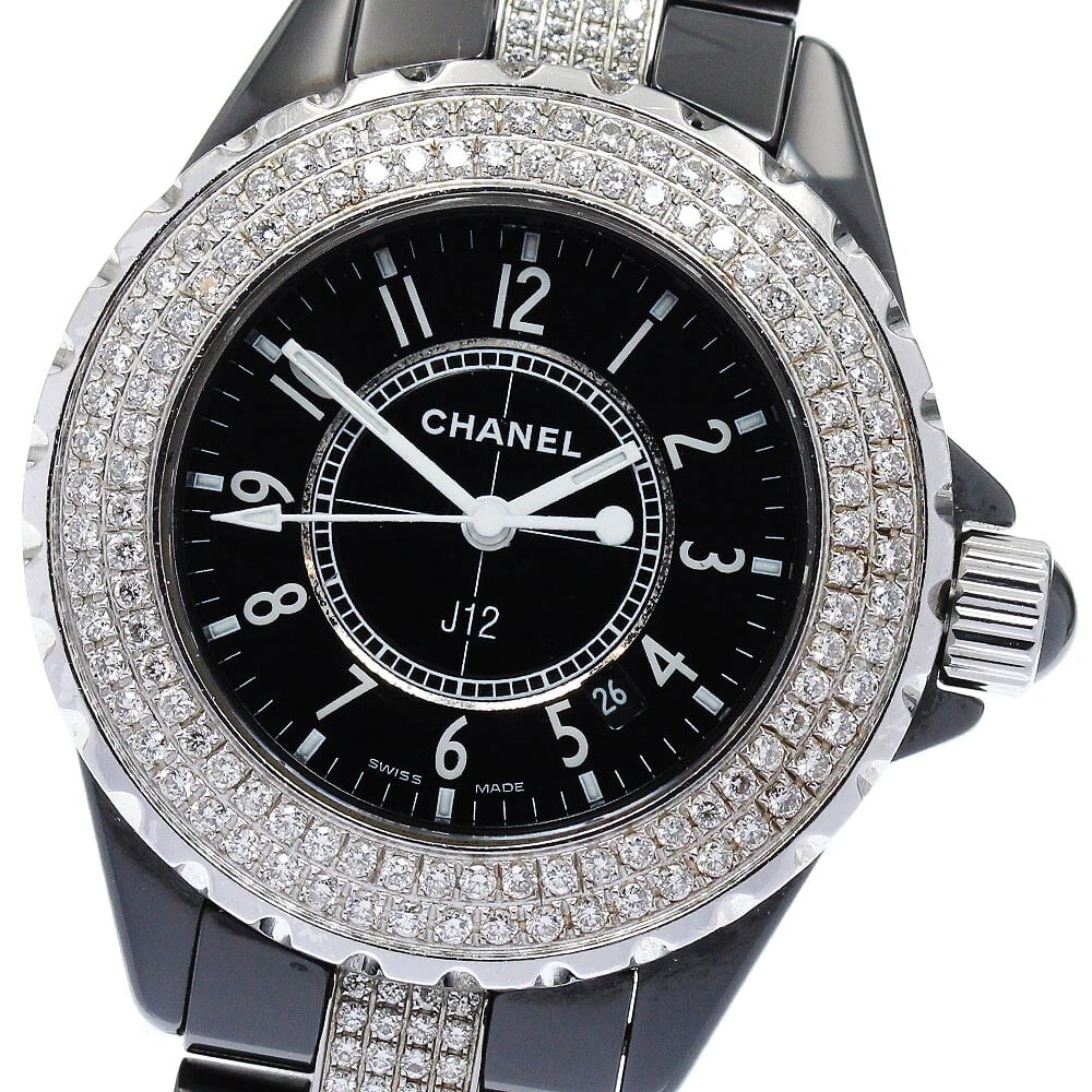 CHANEL J12 BLACK CERAMIC DATE DIAMOND BEZEL QUARTZ WATCH: CHANEL J12 black ceramic date diamond bezel Quartz Watch Brand: CHANEL Type/Style: Wristwatch Material: Band Material Stainless Steel / ceramic, Case Material Stainless Steel / ceramic Color: Dial