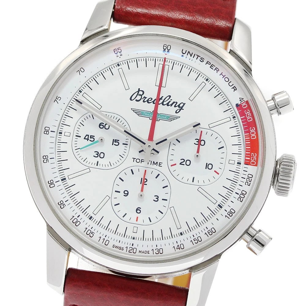 BREITLING STAINLESS STEEL AUTOMATIC WATCH: BREITLING Stainless Steel Automatic Watch Brand: BREITLING Type/Style: Wristwatch Material: Band Material leather, Case Material Stainless Steel Color: Case Color Silver Band Color Red Dial Color