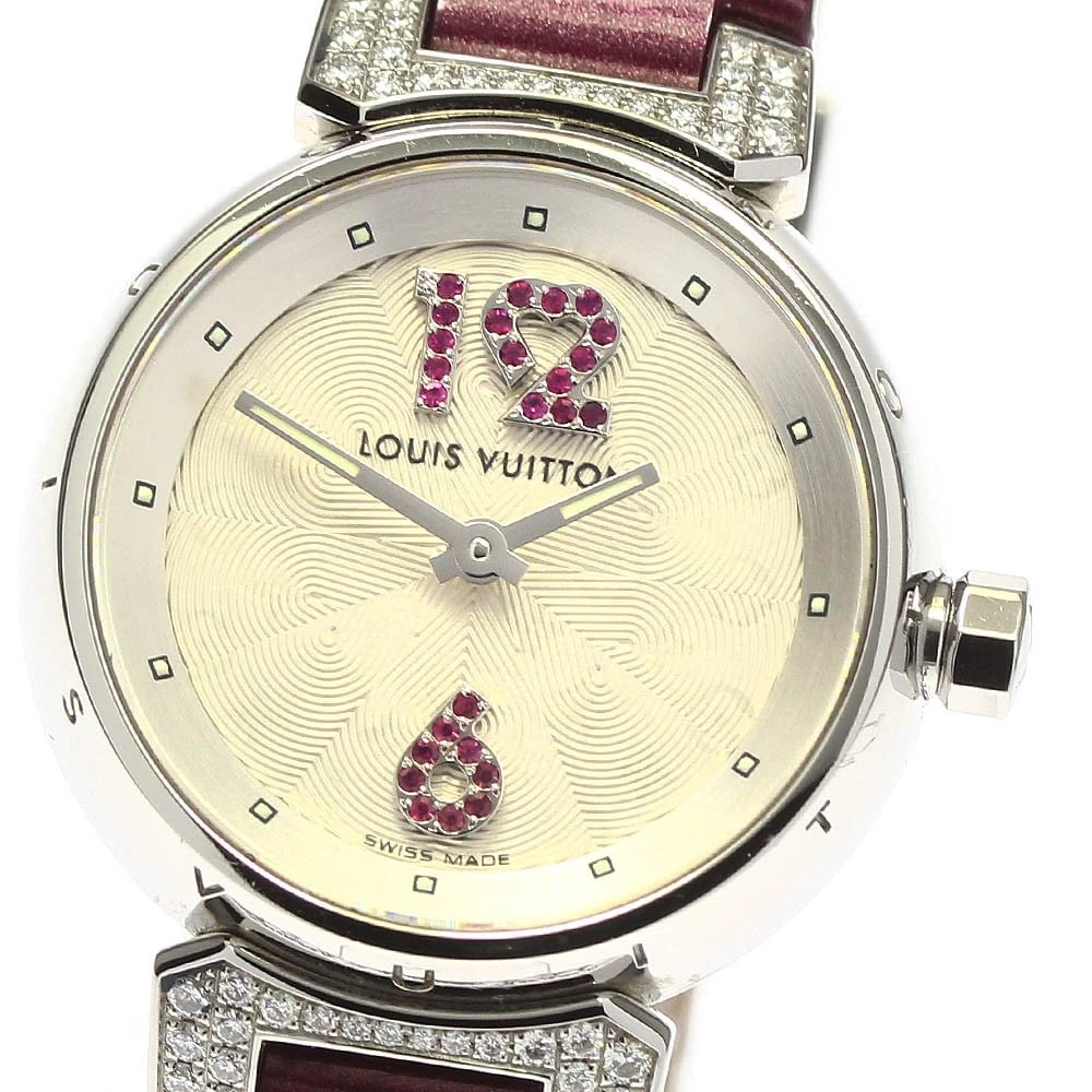 LOUIS VUITTON TAMBOUR RUBY DIAMOND QUARTZ WATCH: LOUIS VUITTON Tambour ruby diamond Quartz Watch Brand: LOUIS VUITTON Type/Style: Wristwatch Material: Band Material leather, Case Material Stainless Steel Color: Dial Color Silver Band Color wine-red