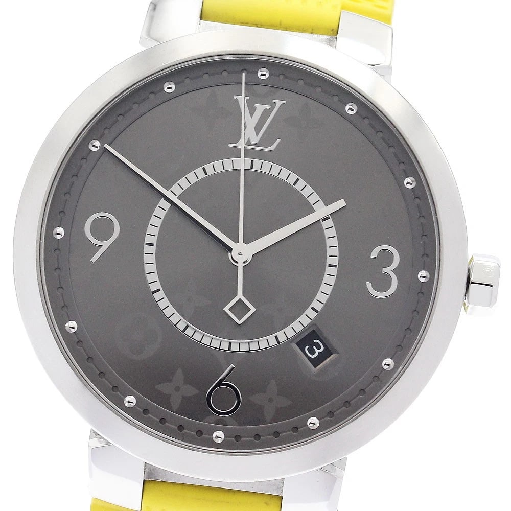 LOUIS VUITTON TAMBOUR GRAY QUARTZ WATCH: LOUIS VUITTON Tambour gray Quartz Watch Brand: LOUIS VUITTON Type/Style: Wristwatch Material: Band Material rubber, Case Material Stainless Steel Color: Dial Color gray Band Color yellow Case Color Si