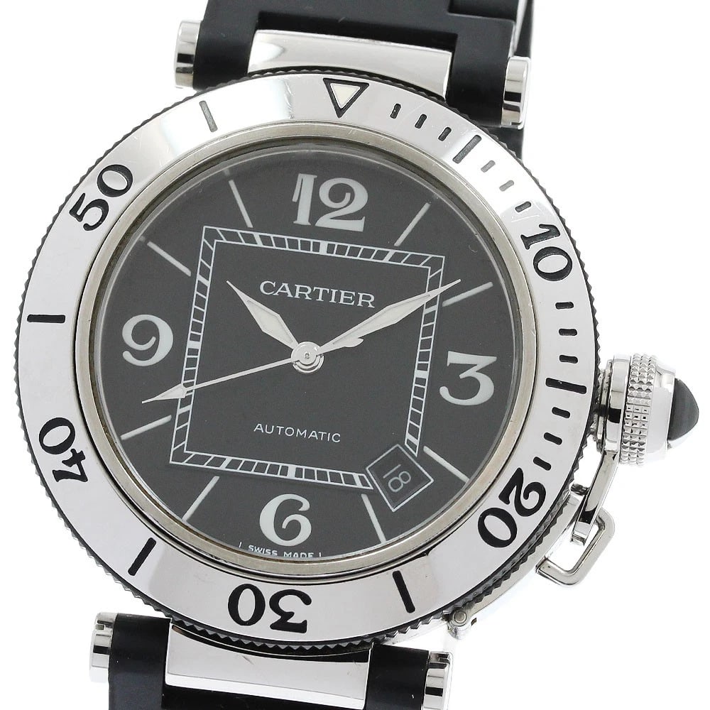 CARTIER PACHA DATE BLACK AUTOMATIC WATCH: CARTIER Pacha Date black Automatic Watch Brand: CARTIER Type/Style: Wristwatch Material: Band Material Rubber / Stainless Steel, Case Material Stainless Steel Color: Case Color Silver Band Color