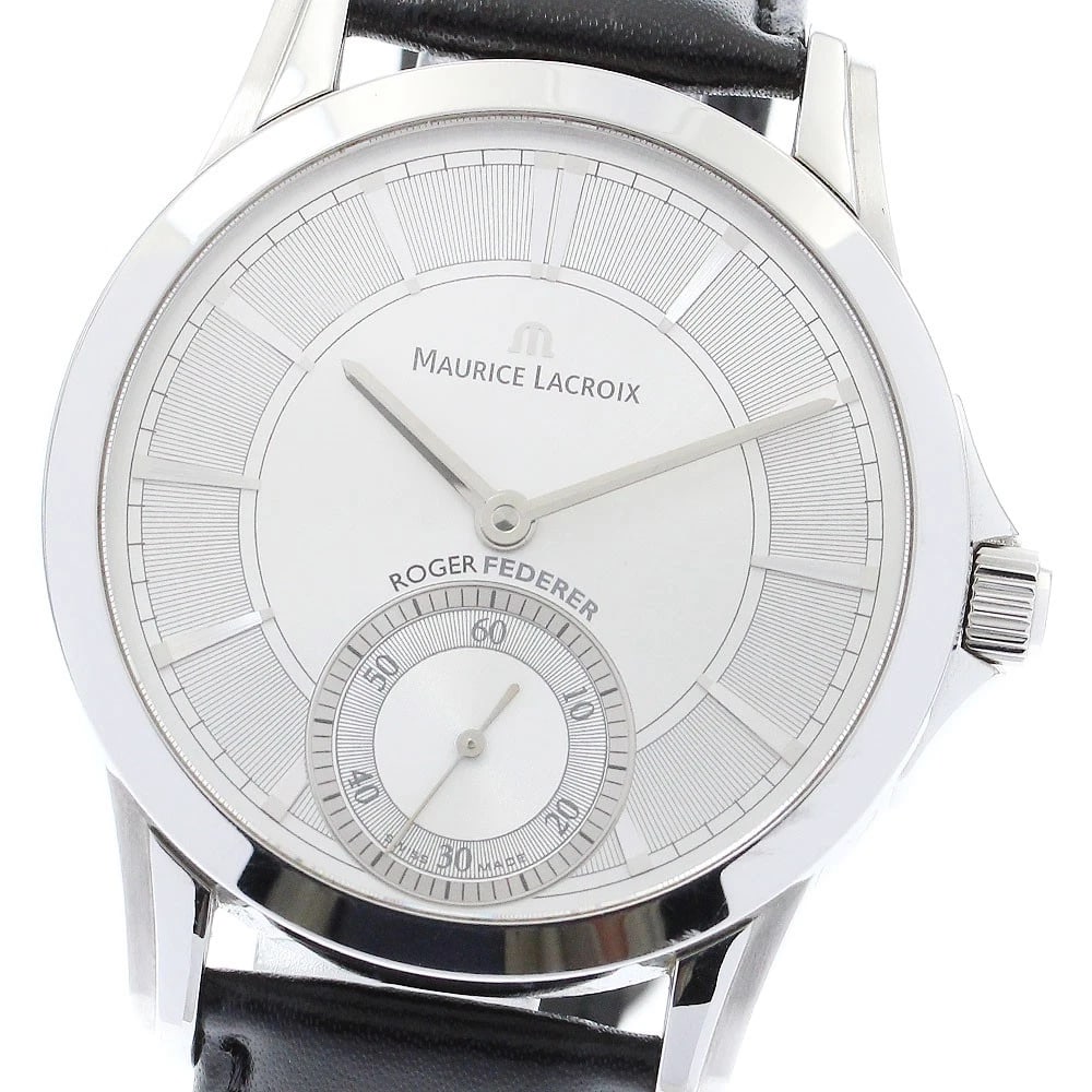 MAURICE LACROIX STAINLESS STEEL WATCH: MAURICE LACROIX Stainless Steel Watch Brand: MAURICE LACROIX Type/Style: Wristwatch Material: Band Material leather, Case Material Stainless Steel Color: Dial Color Silver Band Color black Case Color