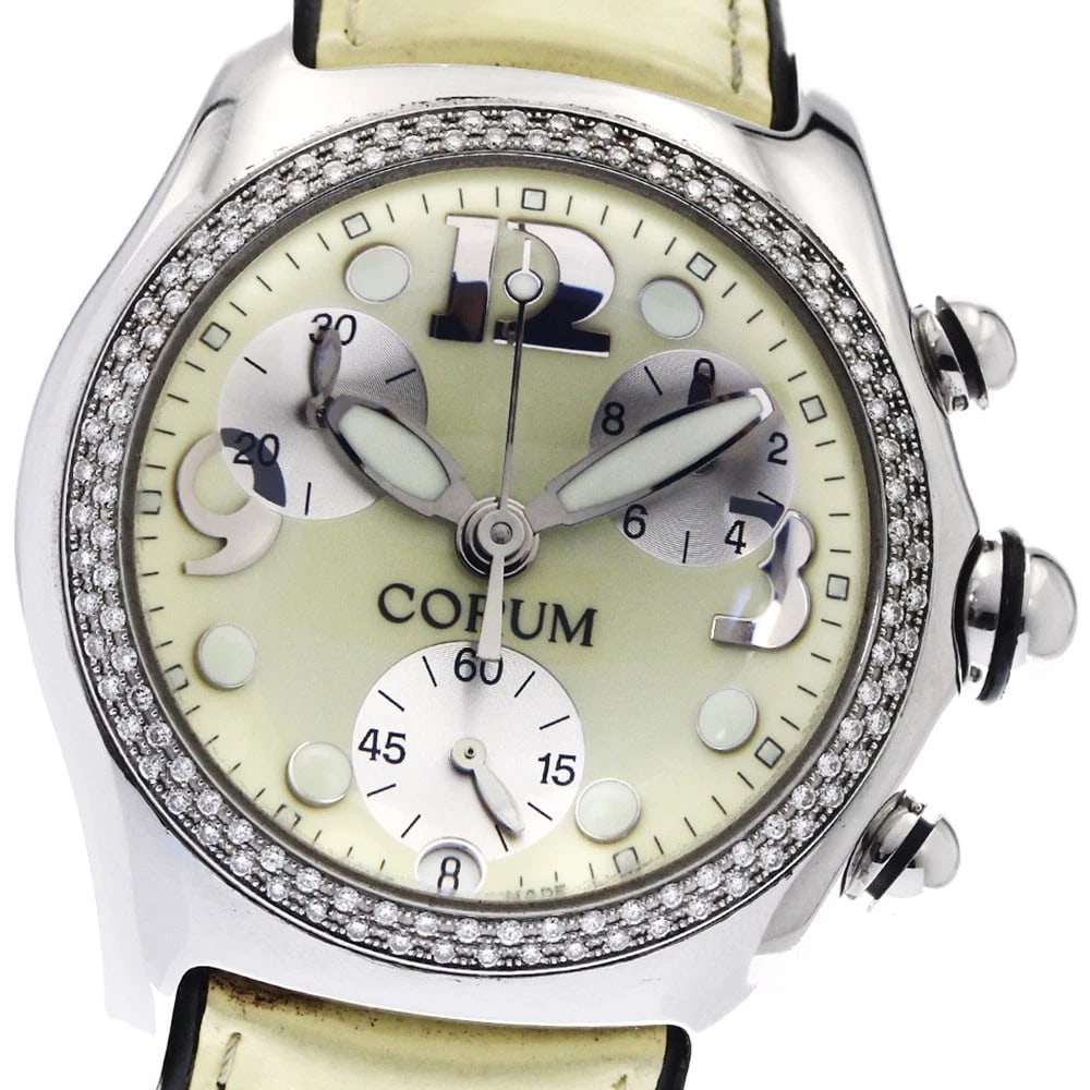 CORUM CHRONOGRAPH DATE YELLOW QUARTZ WATCH: CORUM Chronograph Date yellow Quartz Watch Brand: CORUM Type/Style: Wristwatch Material: Band Material leather, Case Material Stainless Steel Color: Dial Color yellow Band Color yellow Case Color