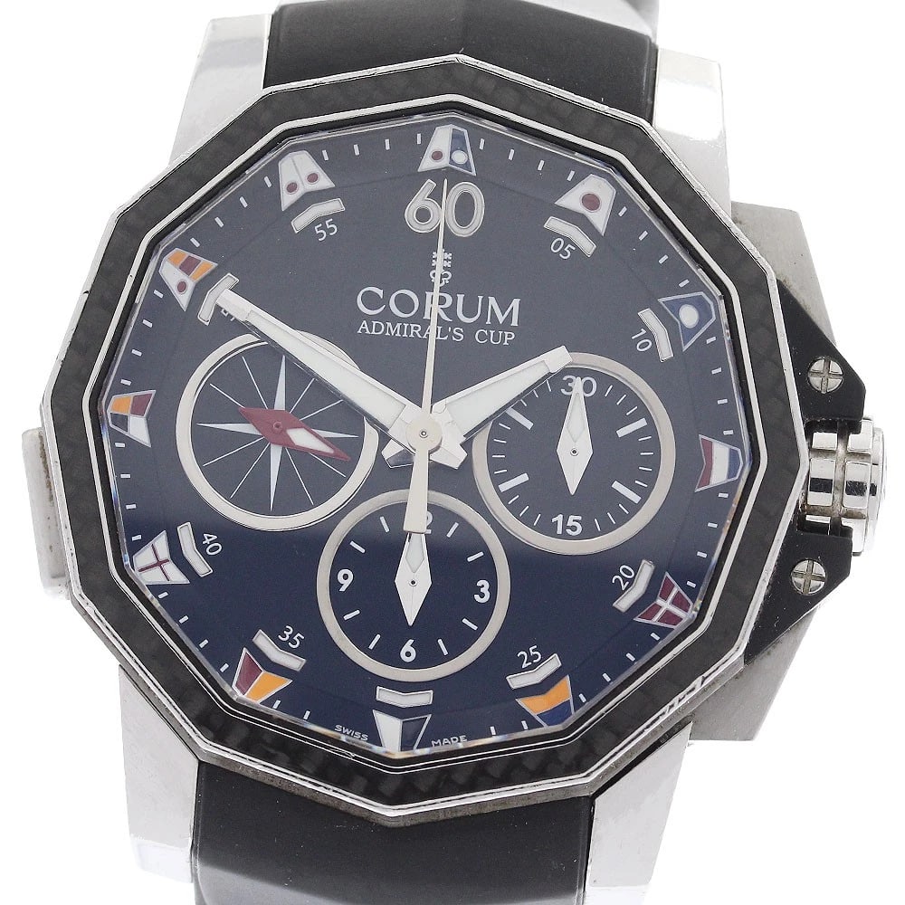 CORUM ADMIRALS CHRONOGRAPH AUTOMATIC WATCH: CORUM Admirals Chronograph Automatic Watch Brand: CORUM Type/Style: Wristwatch Material: Band Material rubber, Case Material Stainless Steel Color: Case Color Silver Band Color black Dial Color black
