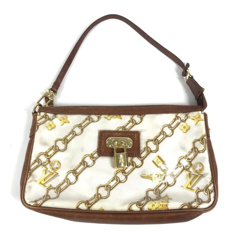 LOUIS VUITTON POCHETTEACCESSOIRES HAND BAG SHOULDER BAG: LOUIS VUITTON PochetteAccessoires Hand Bag Shoulder Bag Brand: Louis Vuitton Type/Style: Shoulder Bag Material: Vinyl/Leather Color: White / Brown Size: W8.1?H4.7?D1.4inch / W20.5cm?H12cm?D3.5cm A