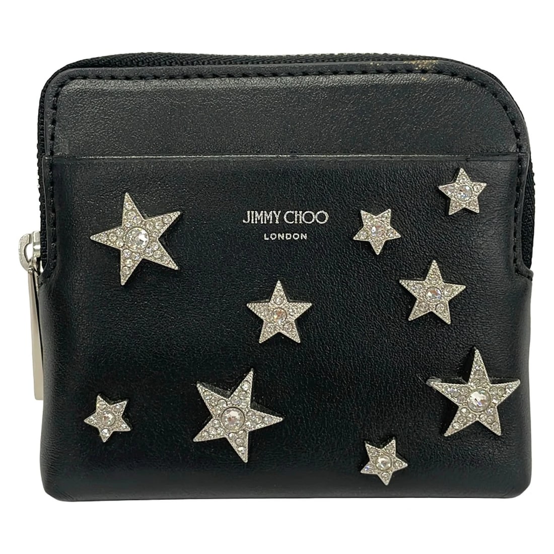 JIMMY CHOO BLACK CALF LEATHER COIN CASE: JIMMY CHOO Black Calf Leather Coin Case Brand: JIMMY CHOO Type/Style: Coin Case Material: Exterior Material Calf Leather Color: Exterior Color Black Size: Height : 3.74 inch (9.5 cm) Width : 4.33 inch