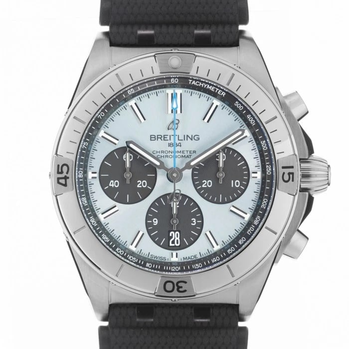 BREITLING CHRONOMAT STAINLESS STEEL WATCH: Breitling Chronomat Stainless Steel Watch Brand: Breitling Type/Style: Wristwatch Material: Band Material Rubber, Case Material Platinum, Stainless Steel Color: Band Color Black, Dial Color Blue, Case