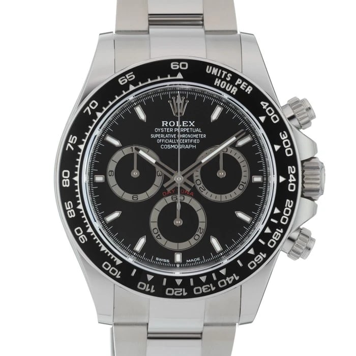 ROLEX COSMOGRAPH BLACK STAINLESS STEEL WATCH: ROLEX Cosmograph Black Stainless Steel Watch Brand: ROLEX Type/Style: Wristwatch Material: Band Material Stainless Steel, Case Material Stainless Steel Color: Band Color Silver, Dial Color Black, Case