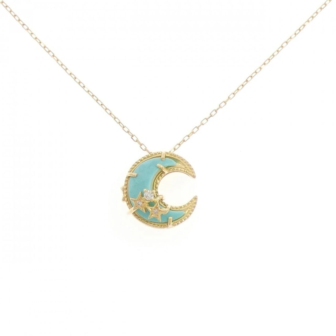 K18YG MOON X STAR TURQUOISE NECKLACE: K18YG Moon x Star Turquoise Necklace Brand: Unbranded Type/Style: Turquoise Necklace Material: 18K Yellow Gold, Main Stone TurquoiseSecondary Stone Diamond Color: Yellow Gold Size: 45cmActual Size