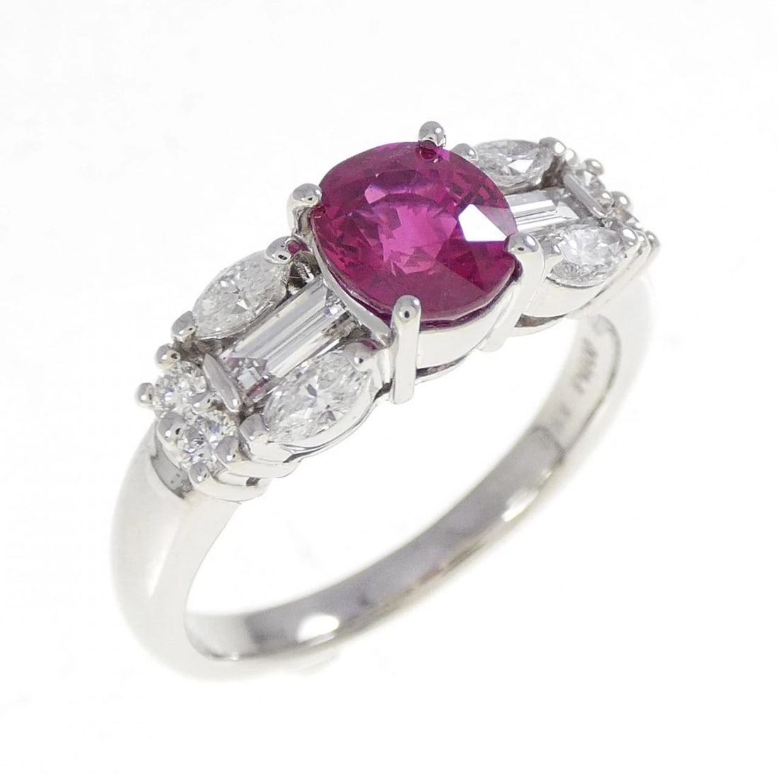 PT900 RUBY RING: PT900 Ruby Ring Brand: Unbranded Type/Style: Ruby Ring Material: Platinum900, Main Stone RubySecondary Stone Diamond Color: Platinum Size: US 7 1/4 Accessories: None Accessories Notice: Wh