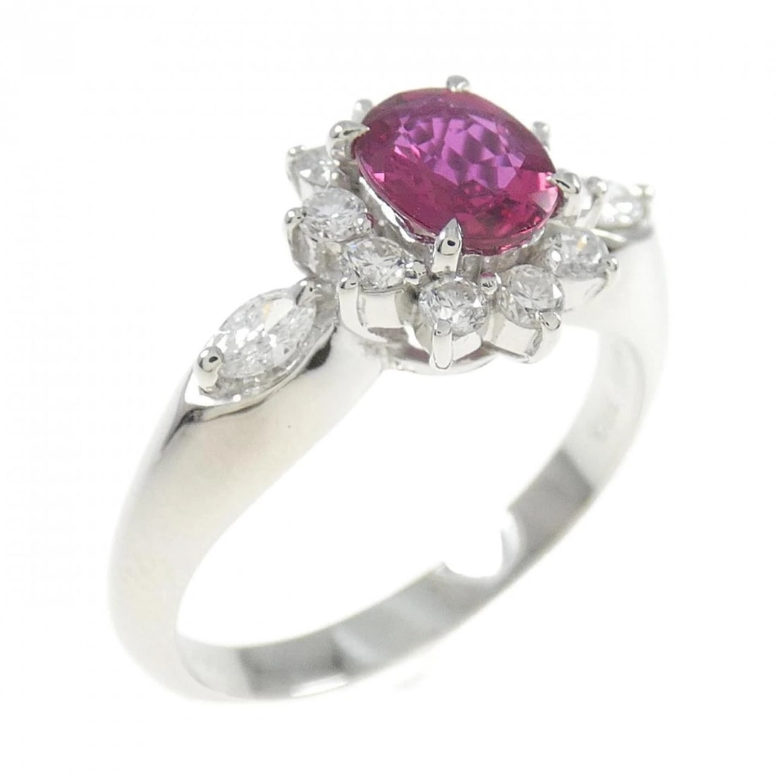 PT RUBY RING: PT Ruby Ring Brand: Unbranded Type/Style: Ruby Ring Material: PT, Main Stone Ruby Secondary Stone Diamond Color: Silver Size: US 6 Accessories: None Accessories Notice: When purchasing pre-owned
