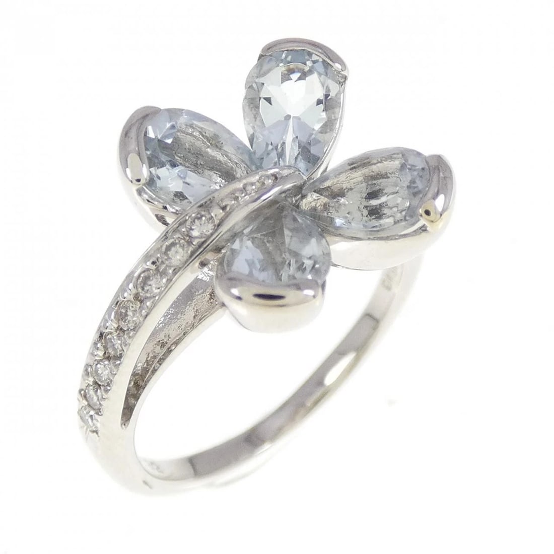 K18WG FLOWER AQUAMARINE RING: K18WG Flower Aquamarine Ring Brand: Unbranded Type/Style: Ring Material: K18WG, Main Stone Aquamarine Secondary Stone Diamond Color: White Gold Size: US 5 Accessories: None Accessories Notice: When