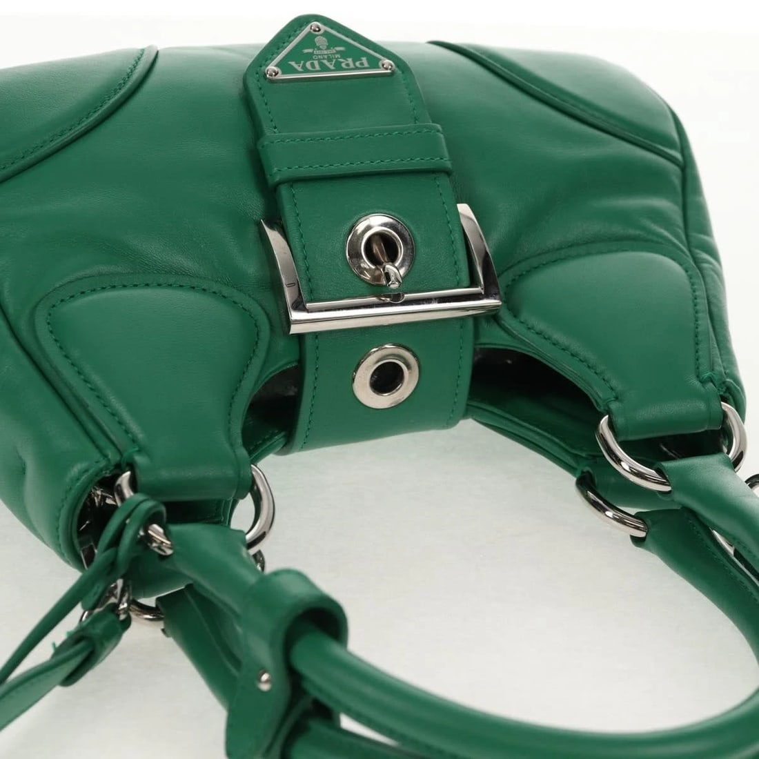 PRADA MOON BAG HAND BAG LEATHER 2WAY GREEN SILVER: PRADA Moon Bag Hand Bag Leather 2way Green Silver Brand: PRADA Type/Style: Hand Bag Material: Trotter Canvas Color: Navy,Gold Size: Size(Inch)W6.7 x H3.9 x D1.2inch(Approx) Accessories: None <