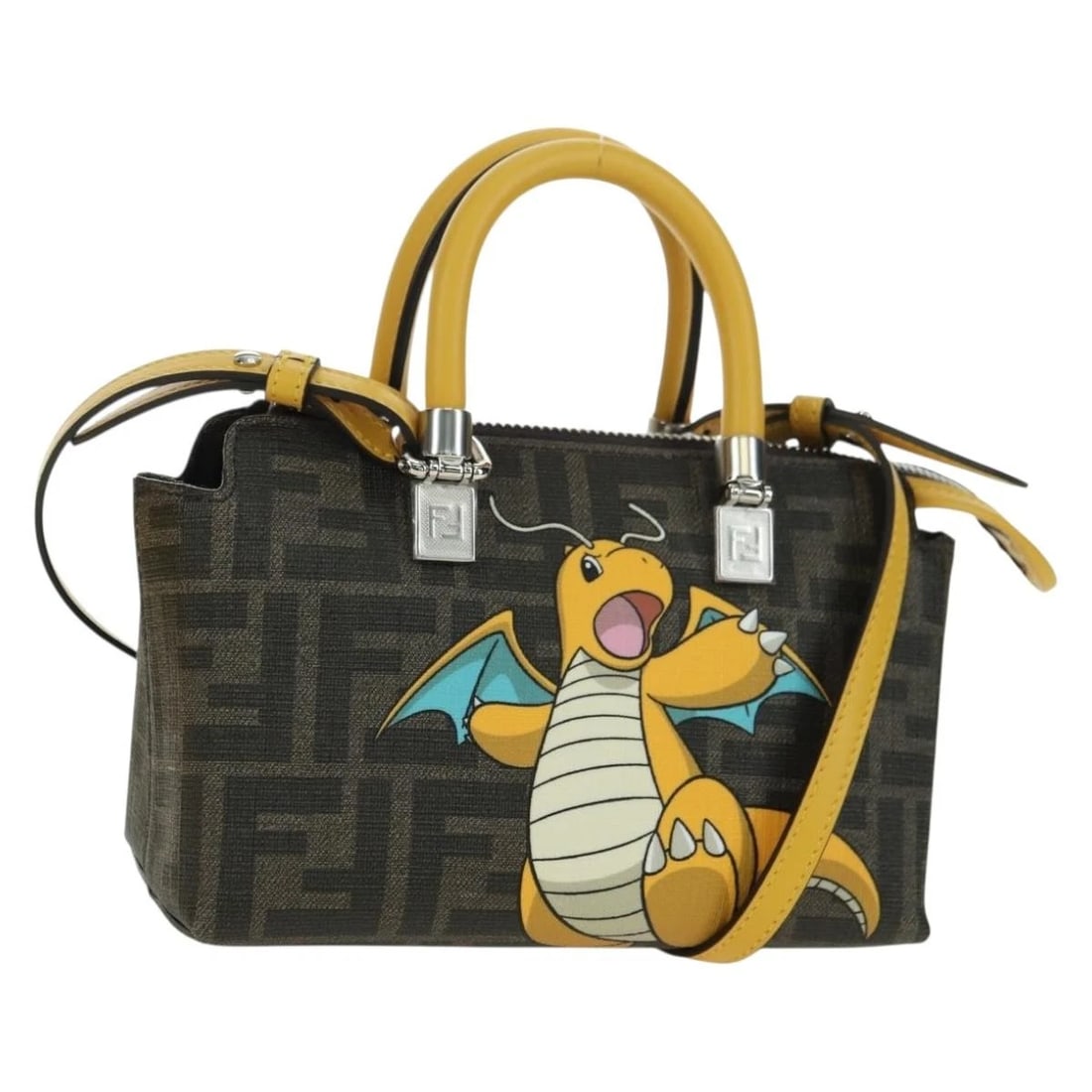 FENDI X FRGMT X POKEMON ZUA CANVAS BY THE WAY MINI DRAGONITE: FENDI x FRGMT x POKEMON Zua Canvas By The Way Mini Dragonite Brand: FENDI Type/Style: Shoulder Bag Material: Zucca Canvas Color: Black,Brown Size: Size(Inch)W6.7 x H4.3 x D3.1inch(Approx)Handle Drop:2