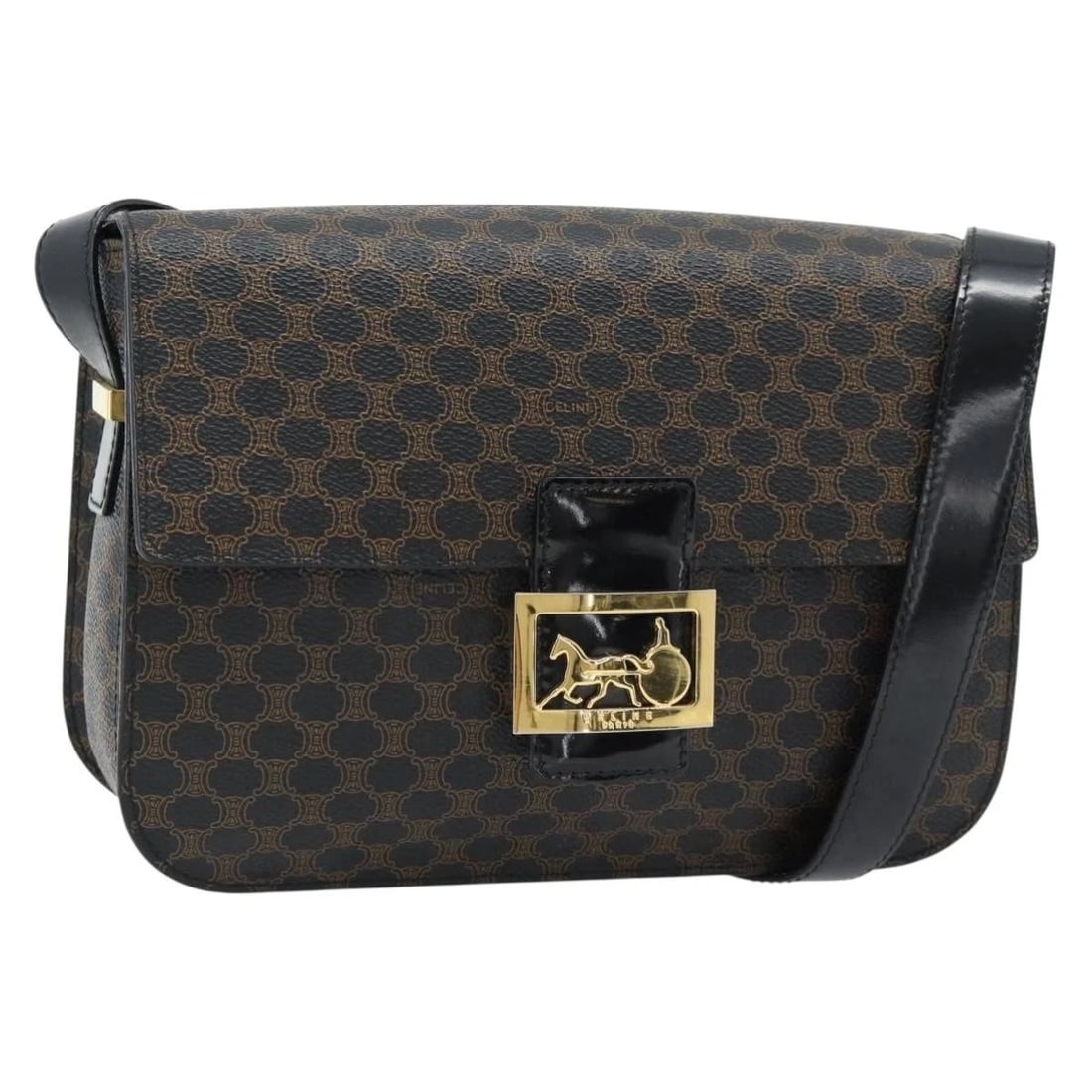 CELINE MACADAM CANVAS HORSE CARRIAGE BAG PVC LEATHER BLACK GOLD: CELINE Macadam Canvas Horse Carriage Bag PVC Leather Black Gold Brand: CELINE Type/Style: Shoulder Bag Material: PVC Leather/Macadam Canvas Color: Black/Gold Size: Size(Inch) W9.4 x H7.1 x D2.0inch(Ap