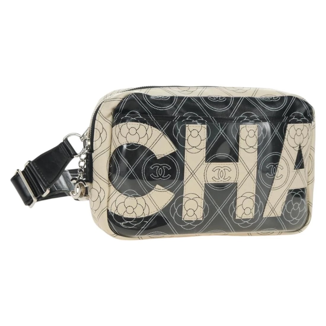 CHANEL CAMELIA SHOULDER BAG COATED CANVAS WHITE BLACK (1 of 6)