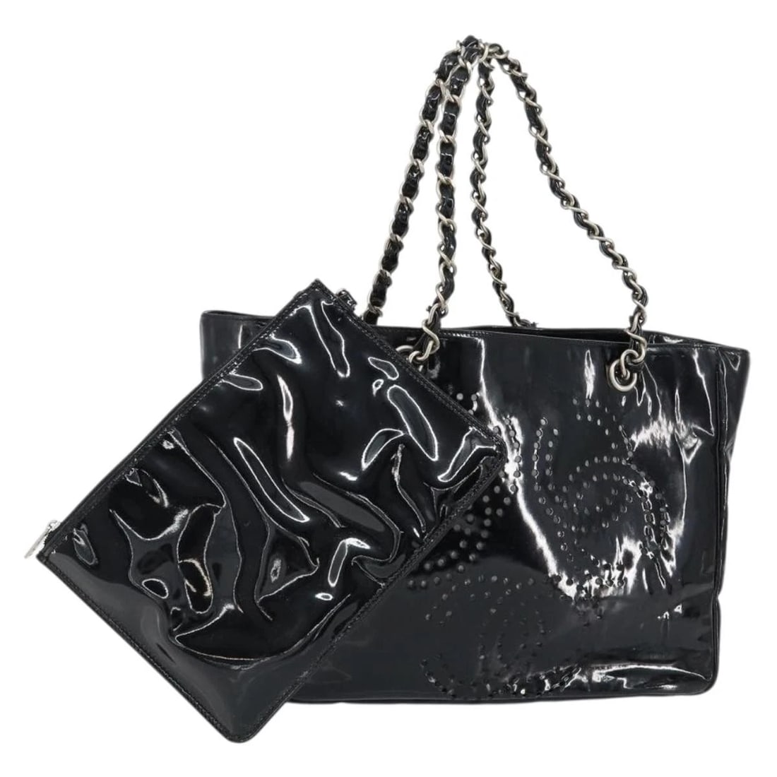 CHANEL TRIPLE COCO CHAIN TOTE BAG PATENT LEATHER BLACK SILVER: CHANEL Triple Coco Chain Tote Bag Patent leather Black Silver Brand: CHANEL Type/Style: Tote Bag Material: Patent Leather Color: Black,Silver Size: Size(Inch)W11.4 x H8.7 x D5.1inch(Approx) Handle Dro